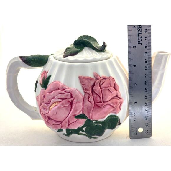 Teapot-Pacific Rim-White-Pink Roses-Green Leaves-Embossed-Holds 4 Cups - Picture 13 of 14